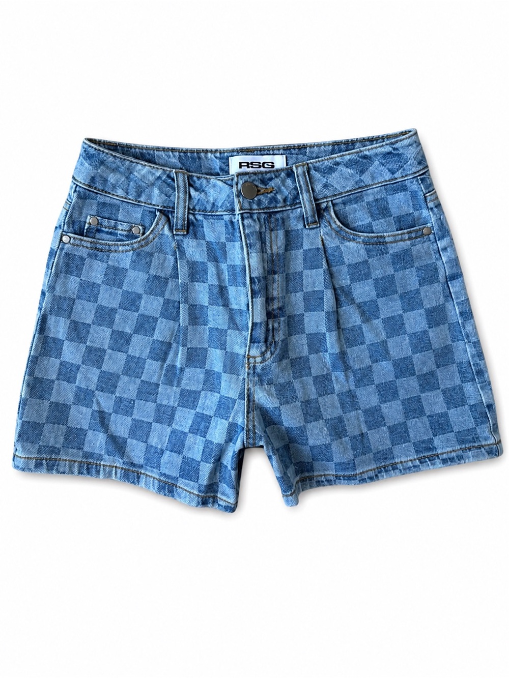 RSQ Blue Checkered Denim Shorts